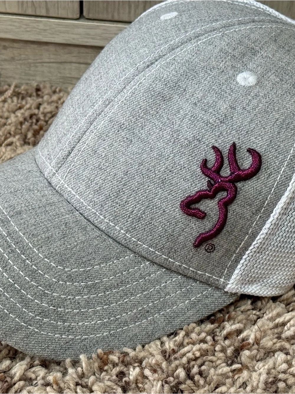 Gray Trucker Hat with Embroidered Buck Logo-Browning